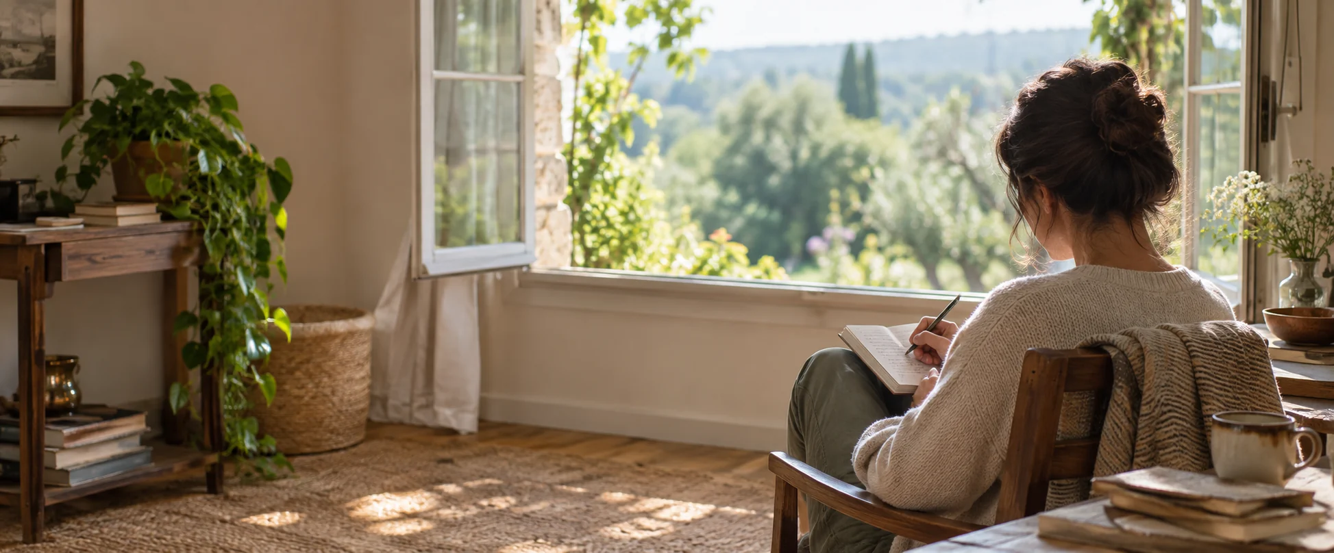 A person journaling beside an open window in soft morning daylight