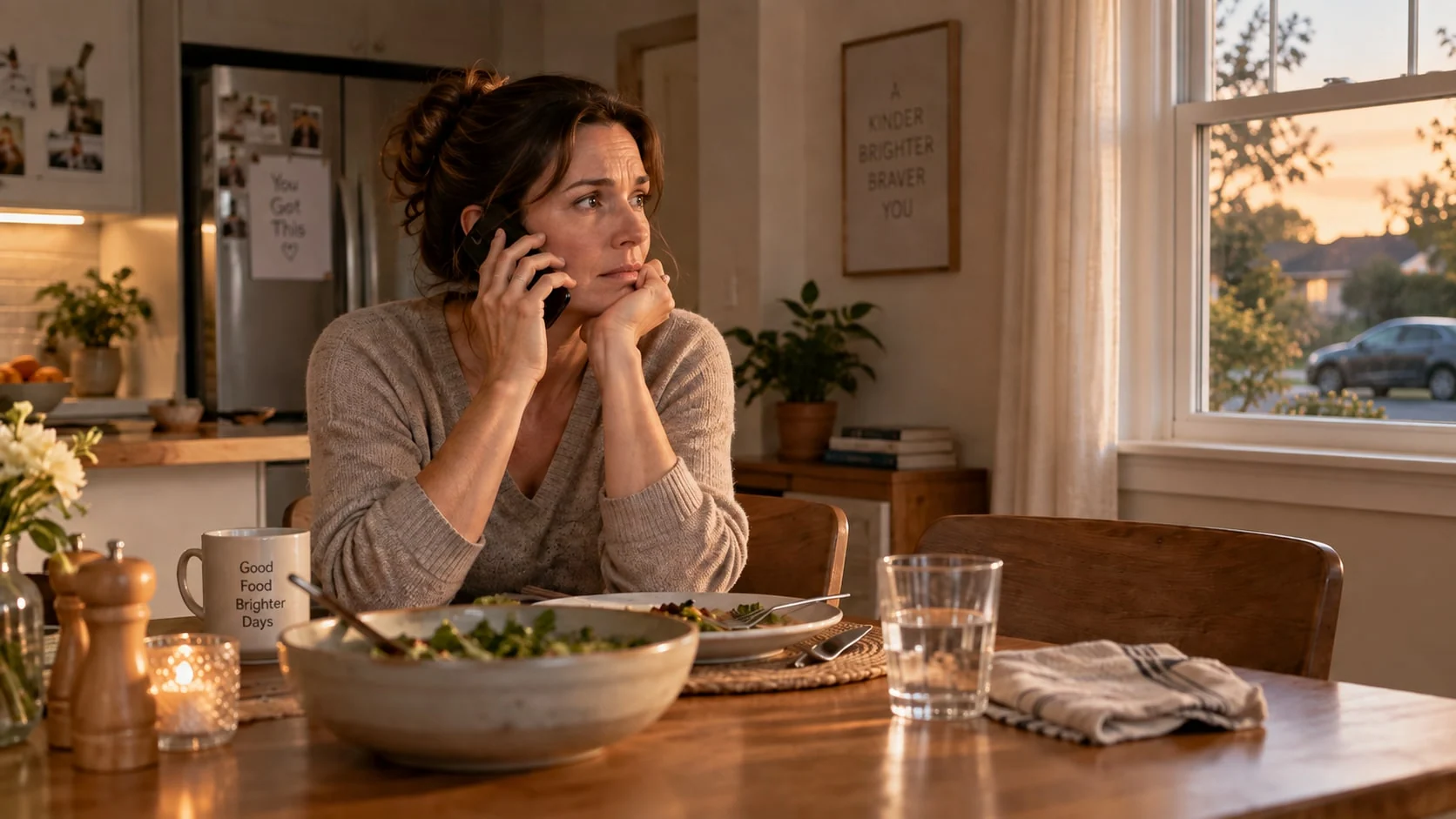 A woman pauses during a phone call at her dining table in warm evening light