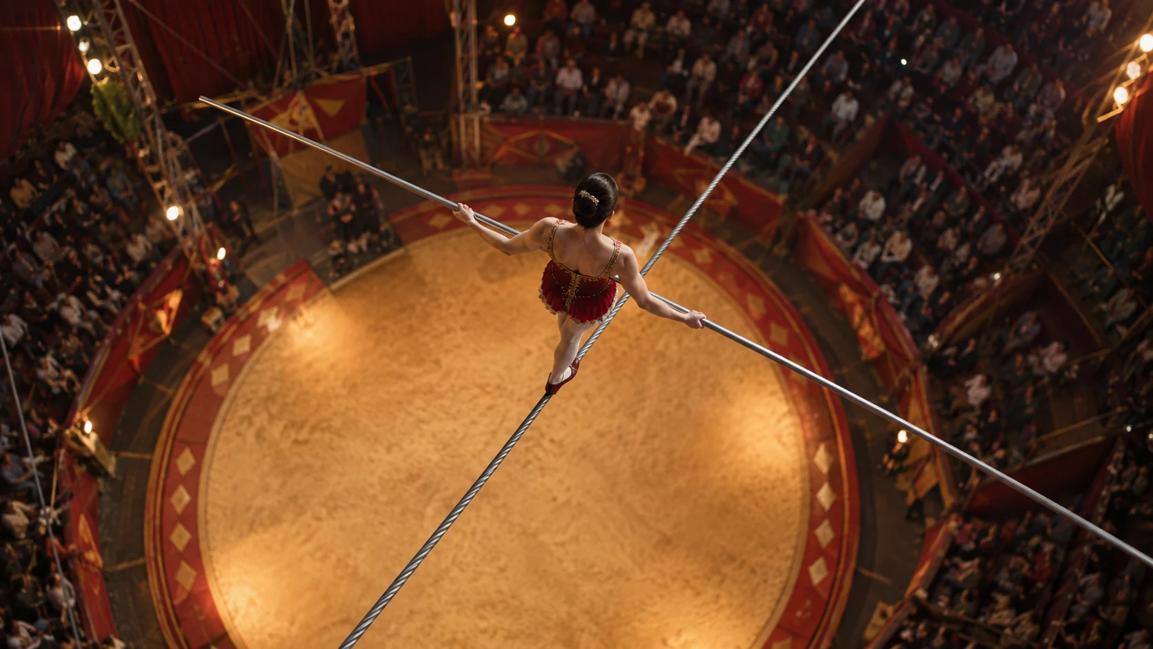 A tightrope walker balances above a circus ring, viewed from overhead