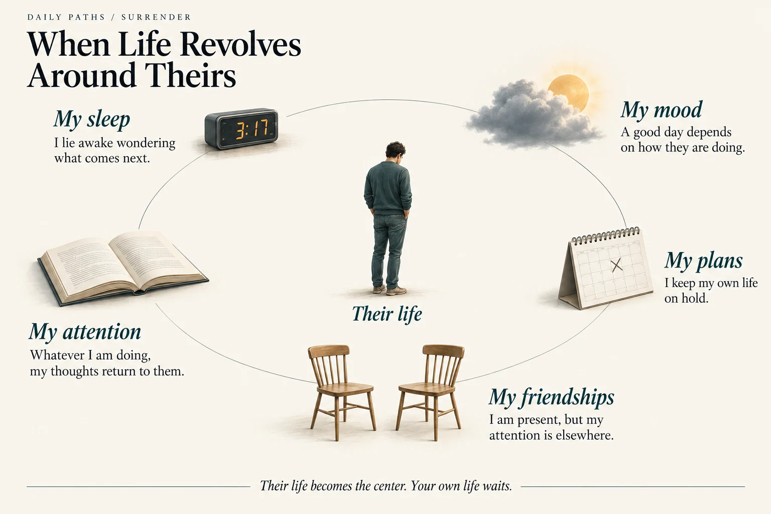 Sleep, mood, plans, friendships, and attention revolve around another person’s life at the center.