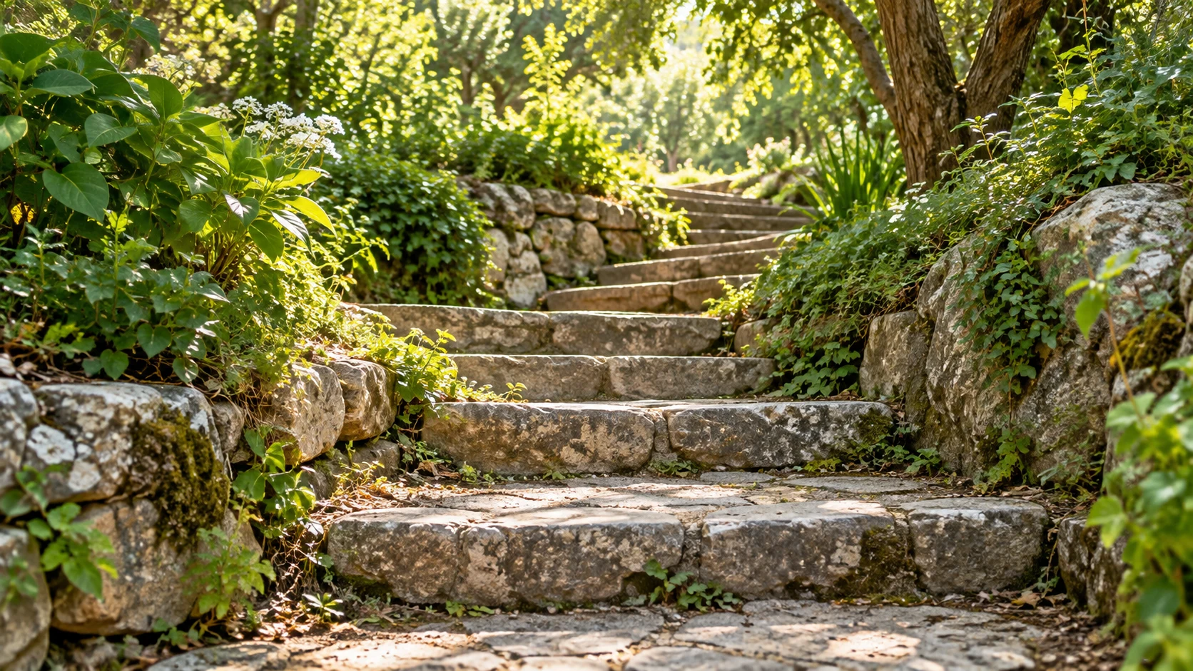Worn stone steps rise through a leafy garden toward a sunlit opening.