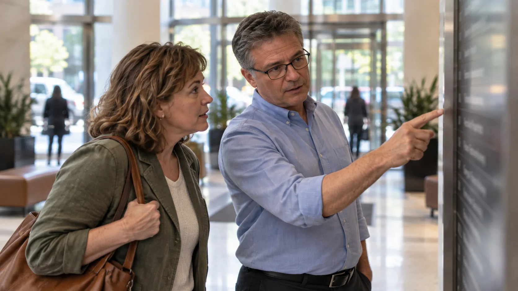 A man helps a woman find her way by pointing to a listing on an office building directory. The candid moment illustrates accepting guidance when you’re unsure where to begin.