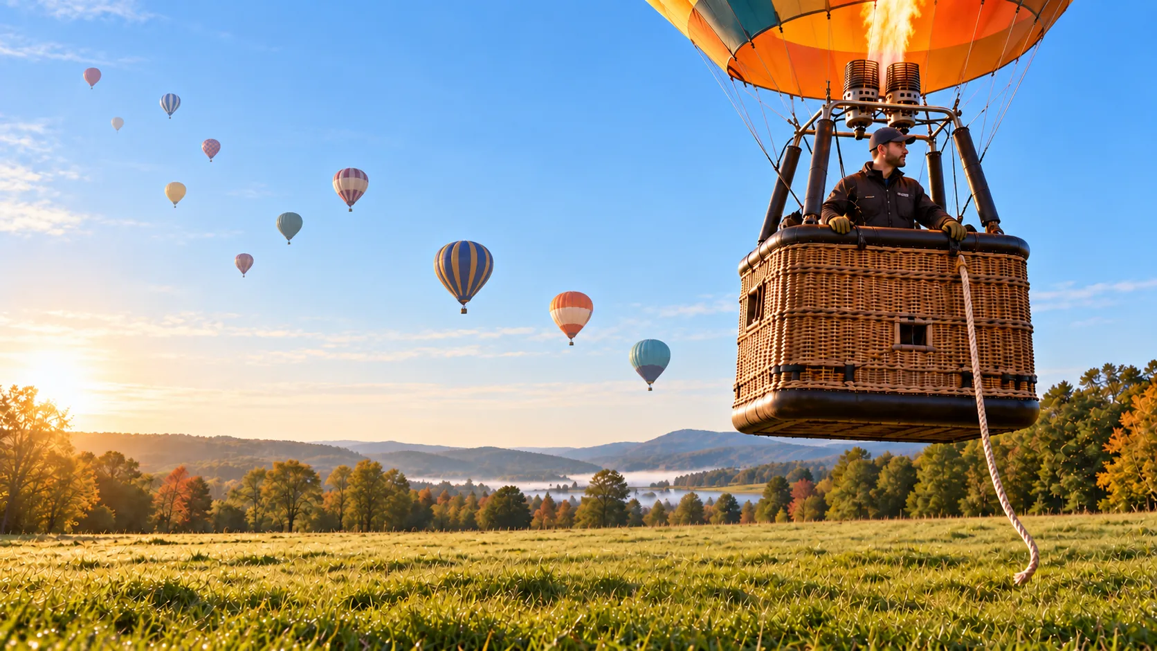 A hot-air balloon lifts off above a meadow, its untied rope dangling beneath the basket as other balloons drift into the distance.