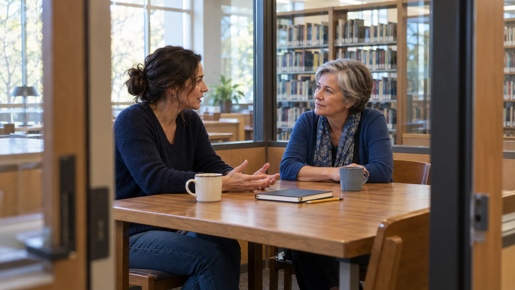 Two women talk across a table in a sunlit library study room, one listening closely as the other shares.