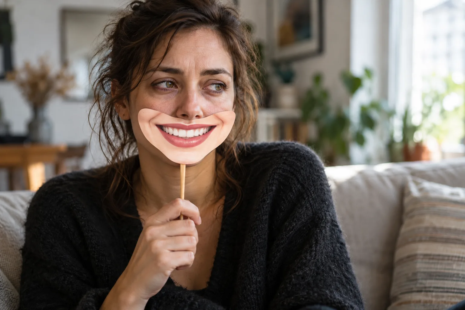 A weary woman holds a cheerful smiling mouth on a stick in front of her face; her eyes and hunched shoulders reveal how she feels behind the mask.