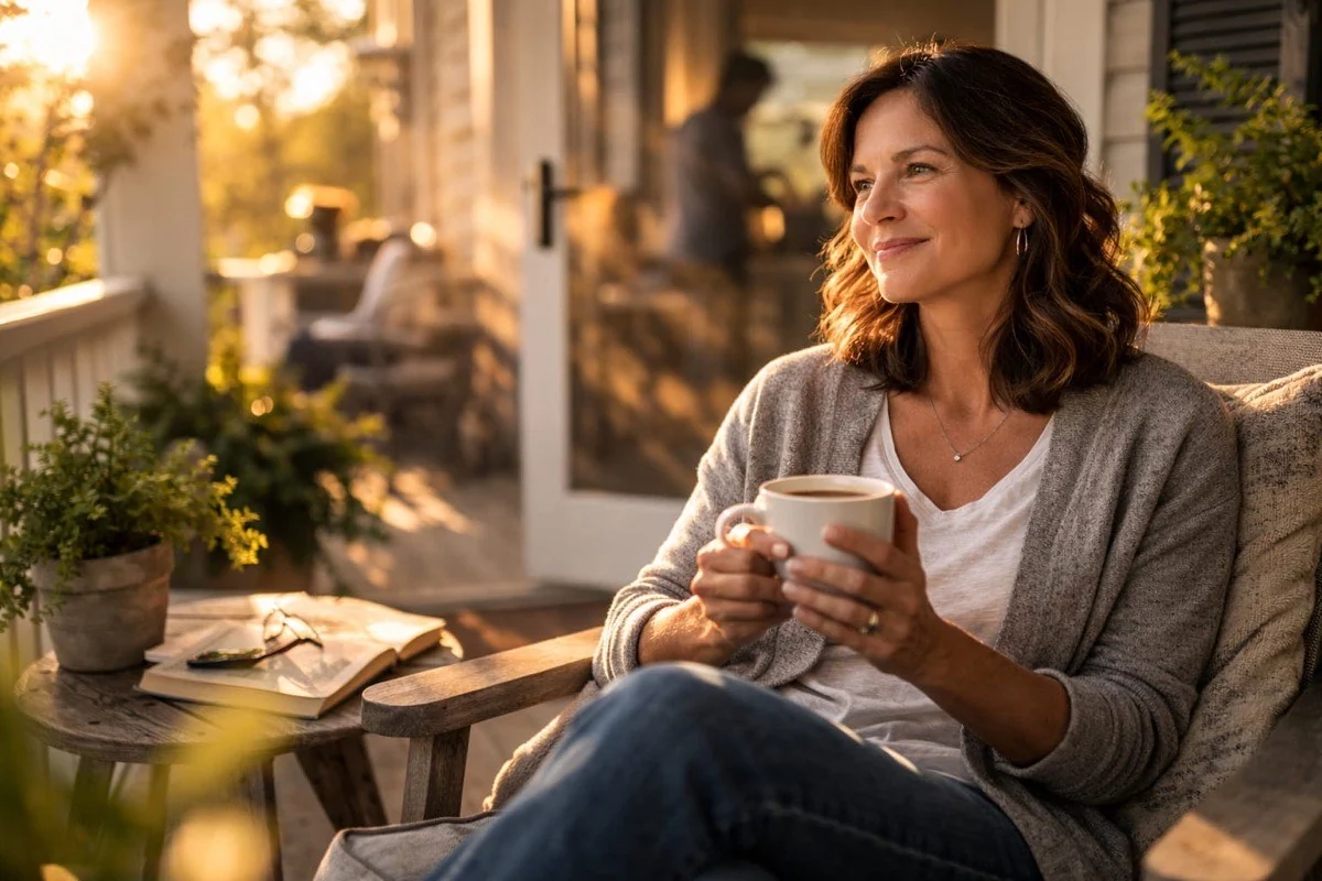 A woman holding a cup on a sunlit porch, with a book and plants beside her.