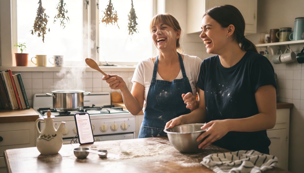 Two women laughing together while cooking — letting go of control in Al-Anon recovery