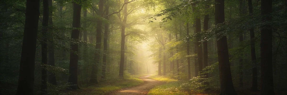 Forest path through morning light